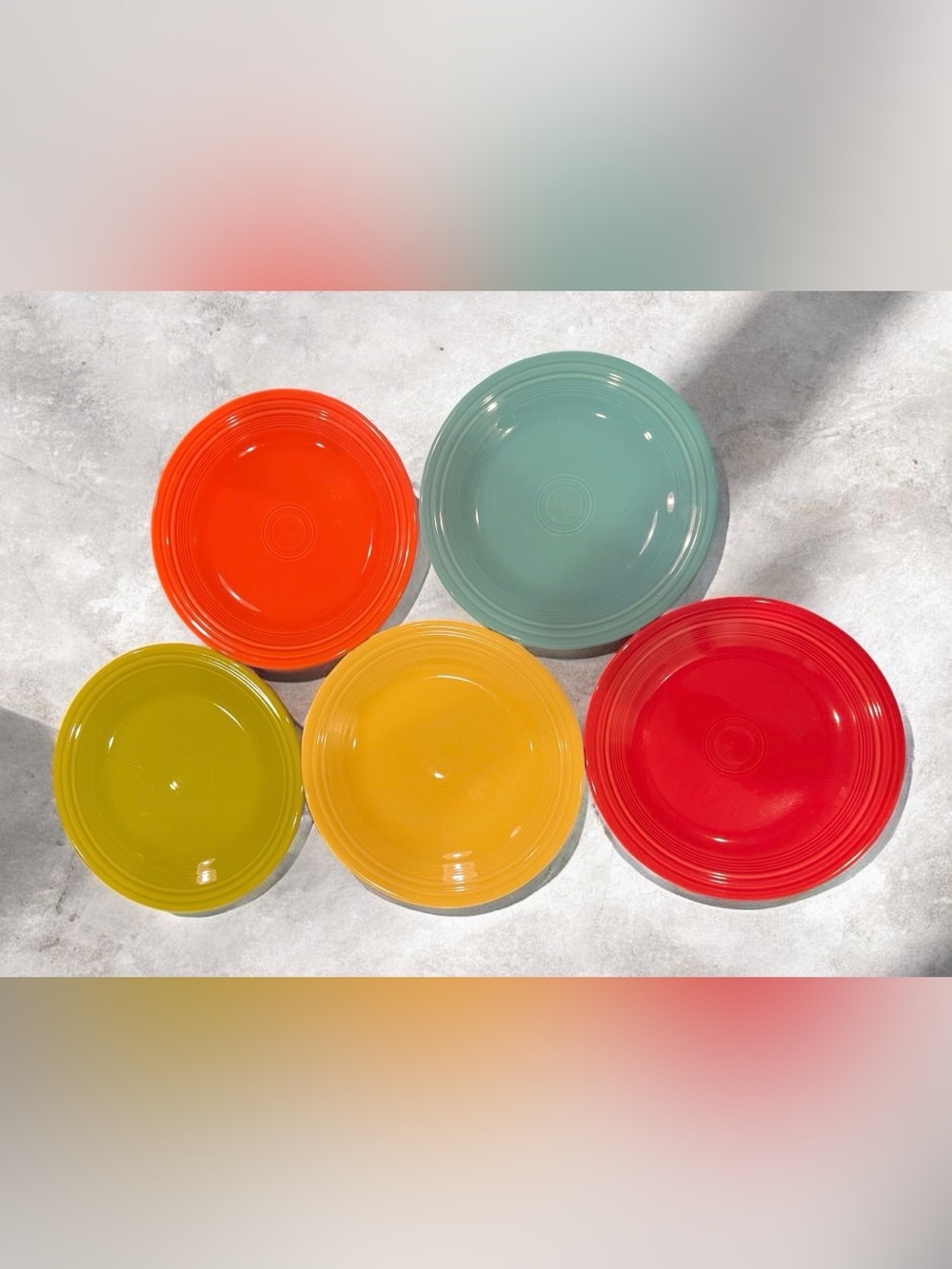 Rainbow MCM set of five vintage
Fiestaware ceramic plates by Homer Laughlin.